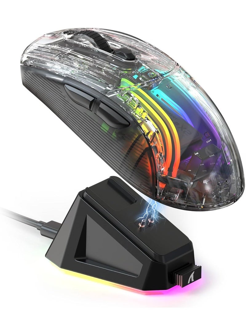 Attack Shark Wireless Gaming Mouse with RGB Charging Dock X2 Pro ,Tri-Mode PC Gaming Mice 2.4G/Bluetooth/Wired,Noiseless Mouse RGB Backlit, Transparent Shell, PixArt 3212 4000 DPI, for Win/MAC - Black - Image 1